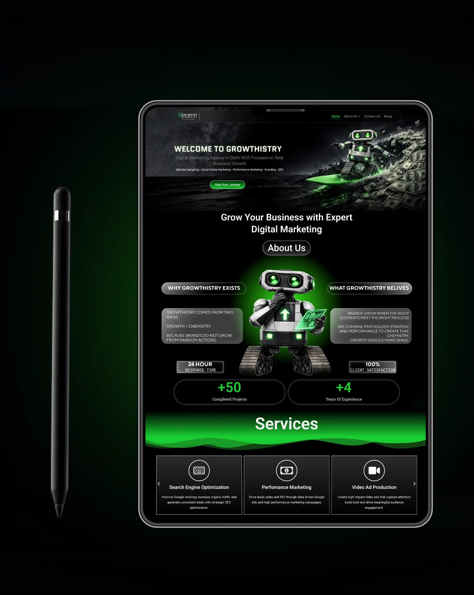 Website design and development hero banner featuring Growthistry's web design visual